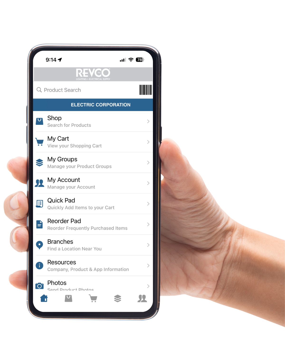 Hand holding a phone with the Revco App open